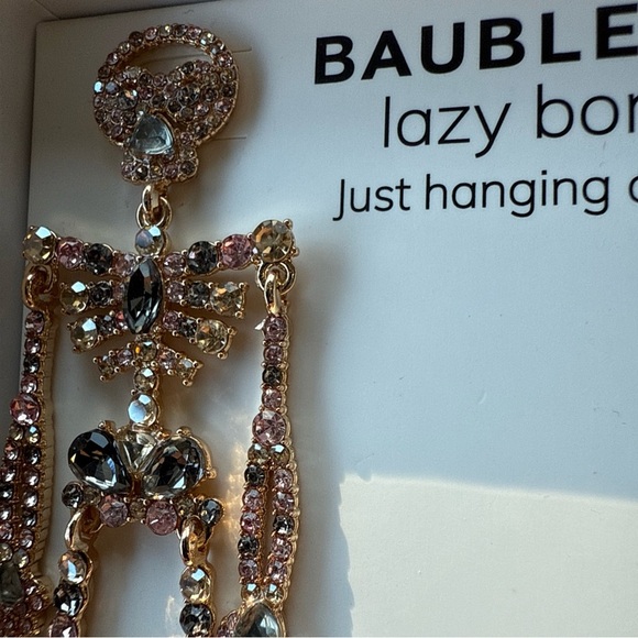 Baublebar Lazy Bones Crystal Skeleton Halloween Earrings Dangle NEW In Box - Picture 3 of 4